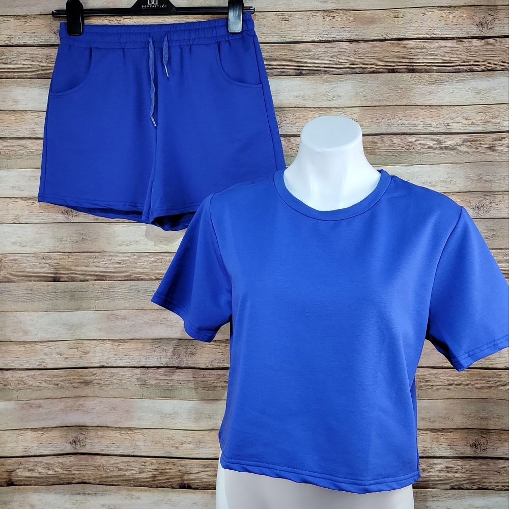 2 piece royal blue crop top and shorts lounge workout set